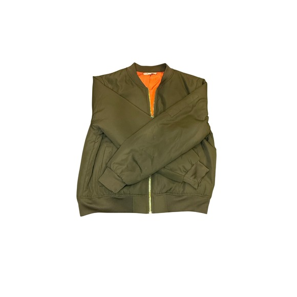 Charlotte Russe Olive Green Bomber Jacket Orange Lined Zip Pocket Size L - Picture 6 of 10